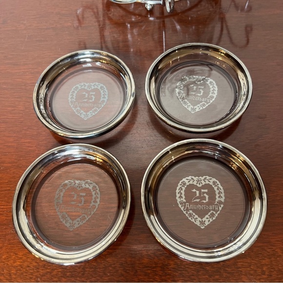 Vintage 25th Anniversay Silver Tone Tumbler & Coasters Set & Caddy 9 Piece Set - Picture 3 of 16